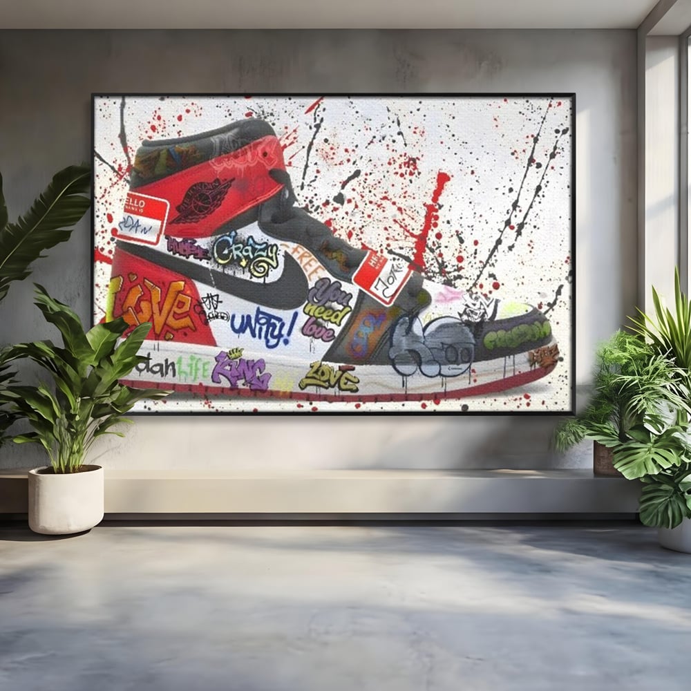Tablou canvas cu pictura adidasi air jordan cu graffiti, in rama de aluminiu negru